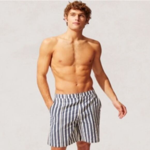 Solid and Striped Men’s Size Large Boardshort Blue Cream Stripes Swim Shorts - Picture 1 of 13